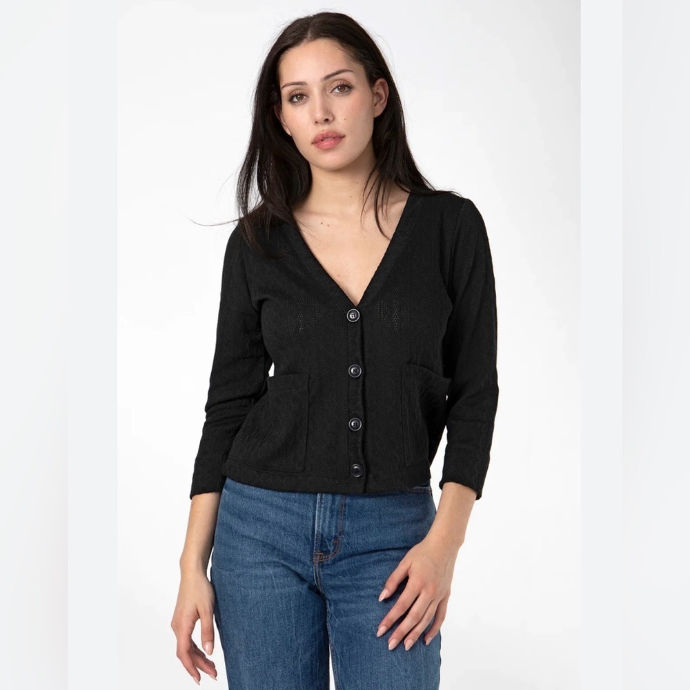 Cameo Womens “Vintage Cardi” Pointelle Button Front Sweater Cardigan Black Sz XS